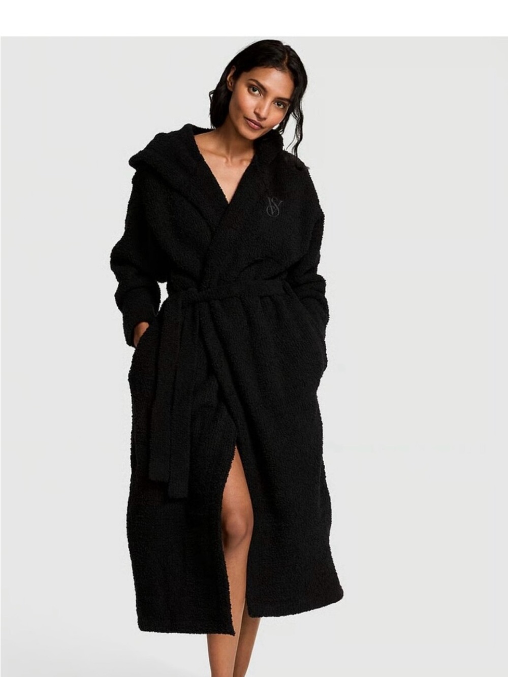 Victoria's Secret Black Plush Hooded Wrap Robe